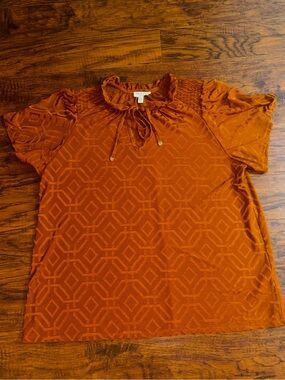 Rio & Rian New York Short-Sleeve Blouse Rust Orange Tie-Neck Printed Smock Top